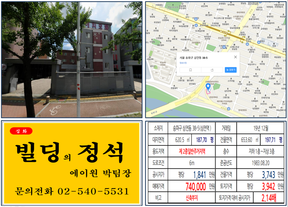  [송파구 9호선 삼전역 신축부지 실거래가 조회] 삼전동 38-5 (삼전역) 74억 원, 평당 3,942만 원, 9호선 대로변 신축부지