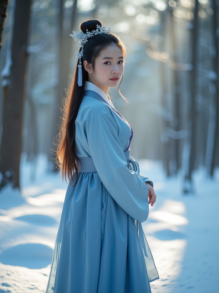 한복을 입고 산에 서있는 아름다운 한국 여성