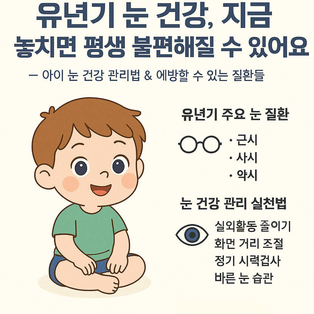 유년기 아이의 눈 건강 관리법과 예방법을 안내하는 감성적인 건강 인포그래픽 이미지