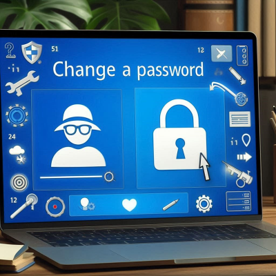 비밀번호 변경 아이콘과 설정 도구가 있는 노트북 화면