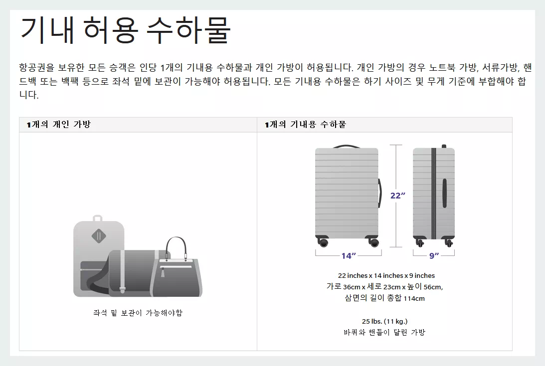 하와이안항공 기내허용 수하물