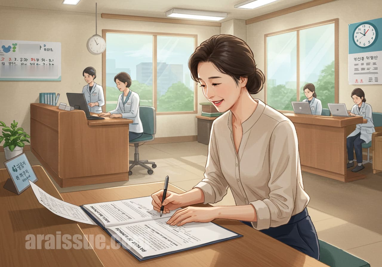 50대 한국 여성이 현대적인 보건소에서 건강지원 바우처 신청서를 작성하는 모습입니다. 희망적인 분위기 속에서 제도에 대한 긍정적인 반응을 보이고 있습니다.