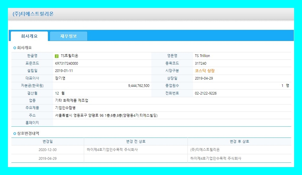 TS트릴리온 (317240) 주식 주가 거래소 공시 시세 [정정]경영권 변경 등에 관한 계약 체결