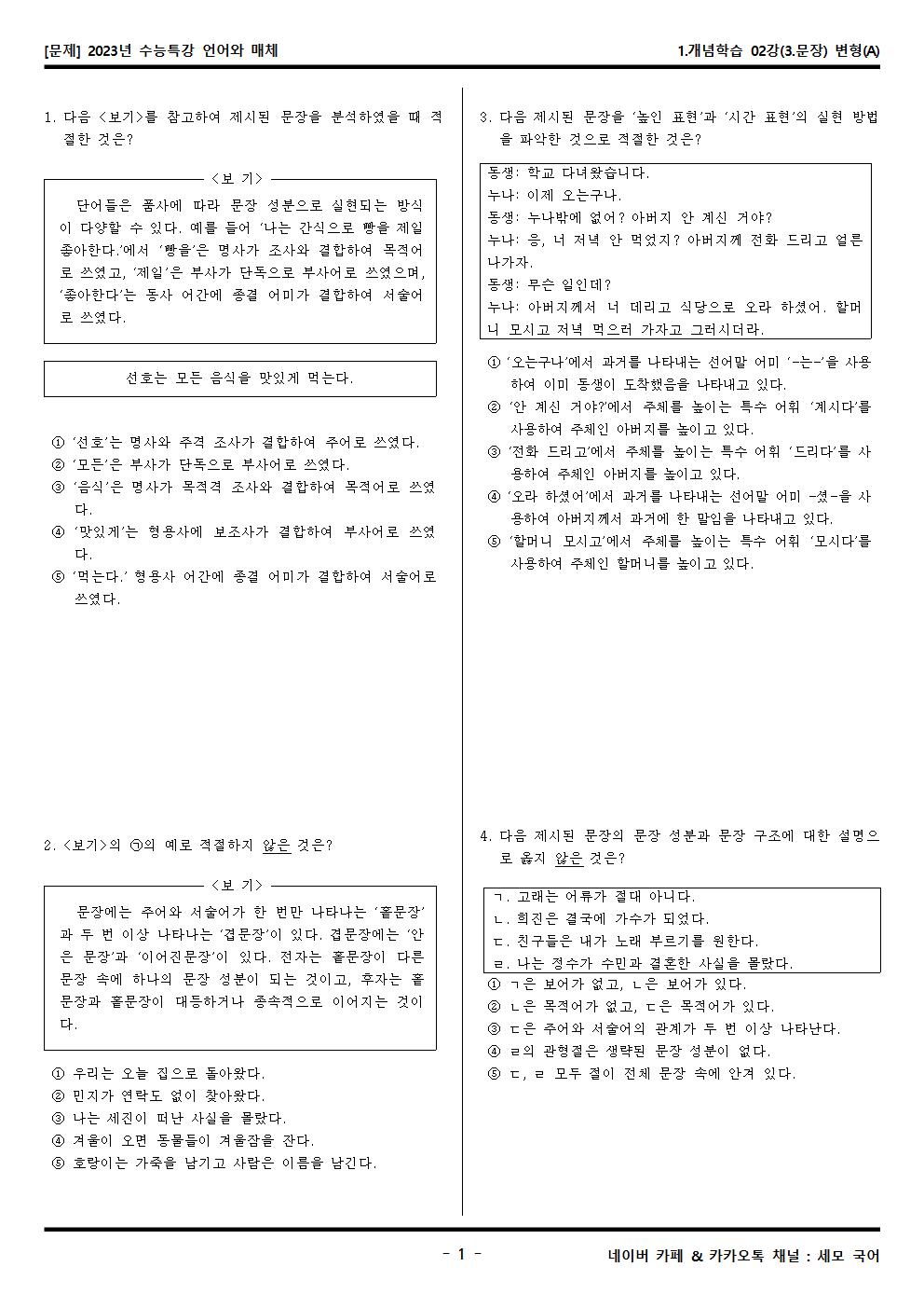 2024학년도(2023년) 수능특강 1