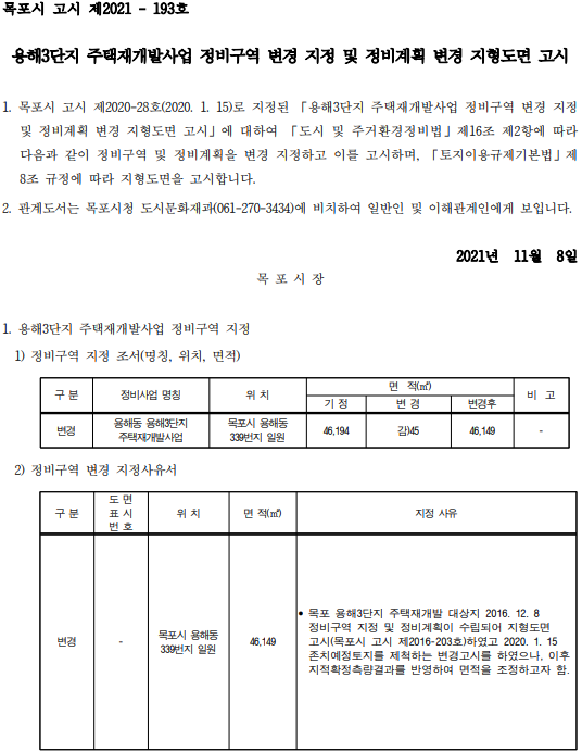  용해3단지 재개발사업 정비구역 변경 지정 및 정비계획 변경 지형도면 고시(21.11.8.)