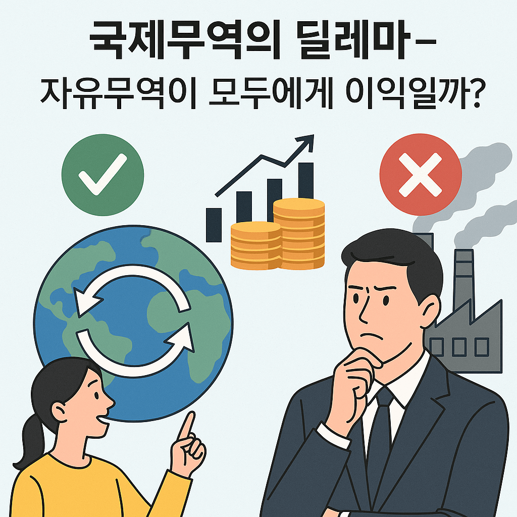 자유무역의 양면성을 설명하는 인포그래픽. 한쪽에는 교역 확대를 나타내는 긍정적인 흐름, 다른 쪽에는 일자리 감소와 산업 붕괴를 상징하는 요소가 함께 표현됨.
