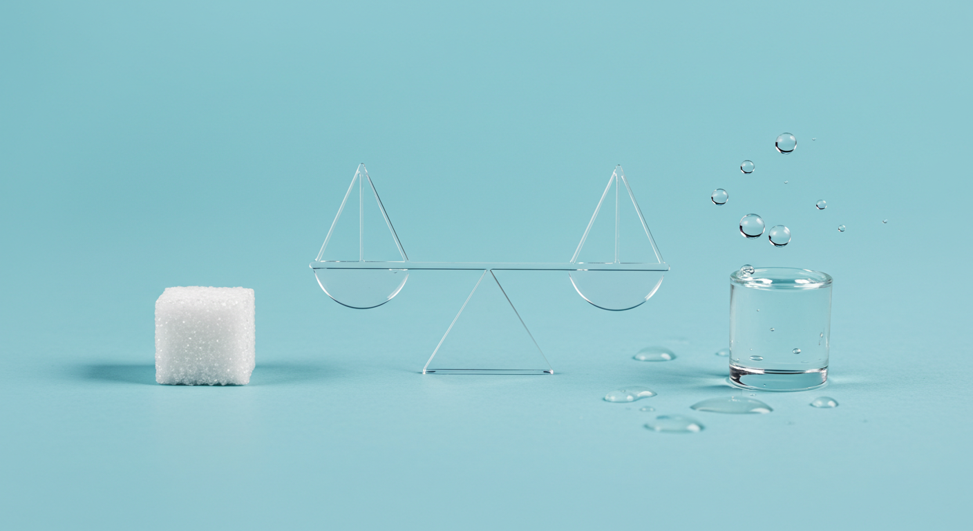 &quot;A clean, conceptual image showing a sugar cube on one side and a few drops of clear liquid (representing artificial sweetener) on the other, with a balanced scale symbol in between. Minimalist, bright background. - English: A clean, conceptual image showing a sugar cube on one side and a few drops of clear liquid (representing artificial sweetener) on the other, with a balanced scale symbol in between. Minimalist, bright background.&quot;