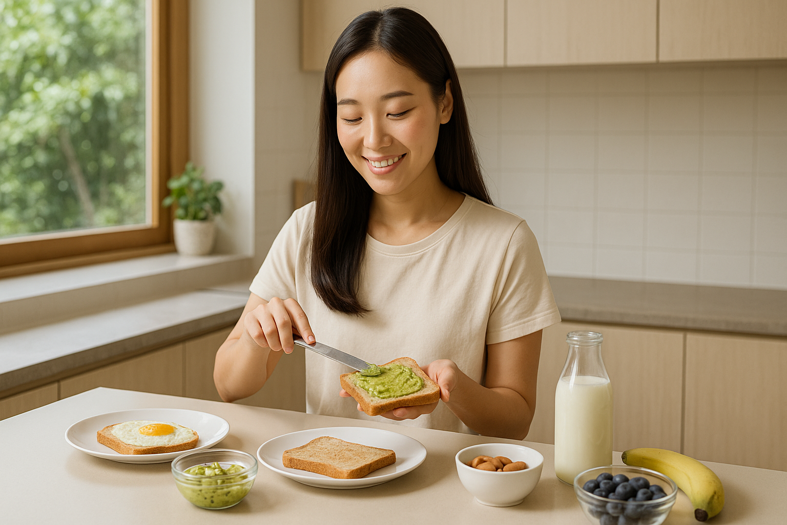 여성이 햇살 드는 주방에서 아보카도 토스트를 준비하며 웃고 있다. 주변에는 달걀, 블루베리, 아몬드, 우유 등이 놓여 있다.