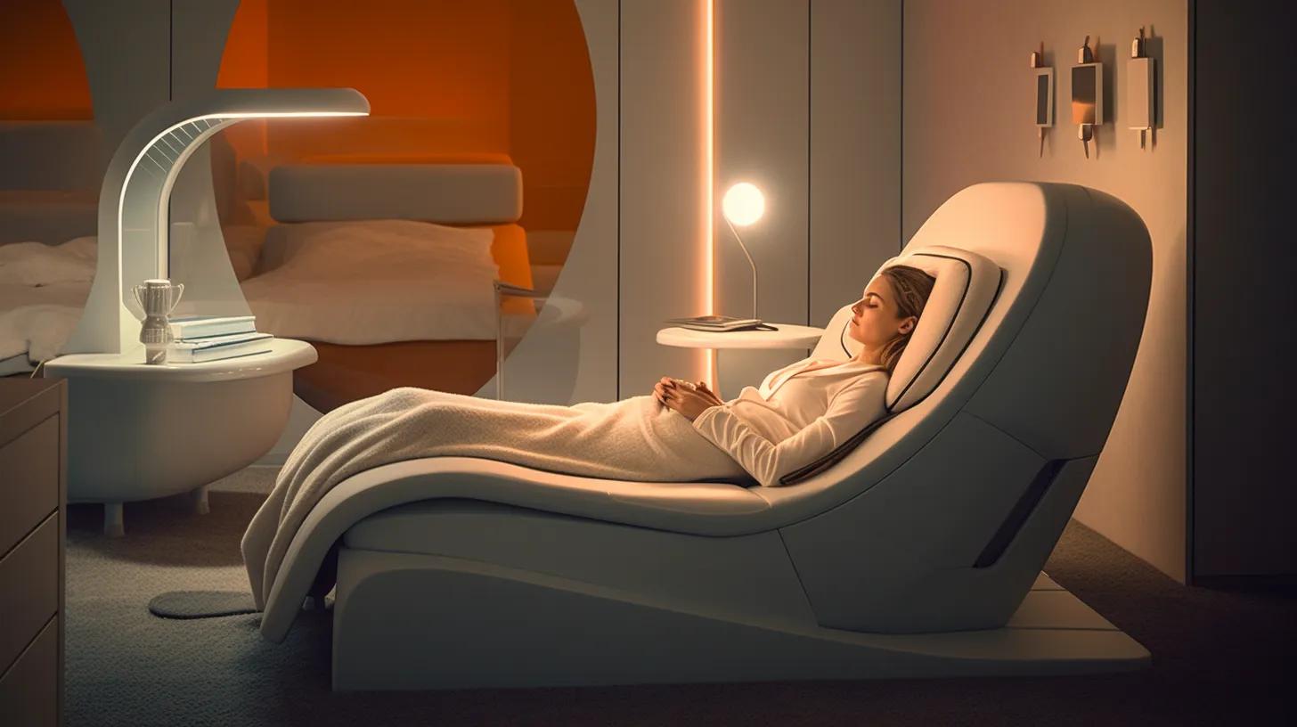 This image portrays a person using a futuristic machine for dream-based learning while sleeping in a tranquil room.