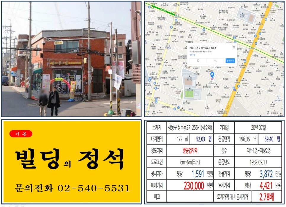 [성동구 성수전략정비구역 20억 꼬마빌딩 실거래가 조회] 성수동2가 255-1 (성수역) 23억원, 평당 4,421만 원 매매되었습니다. 롯데캐