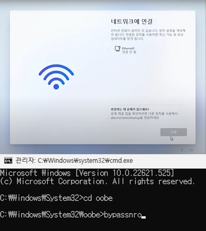 윈도우 11 설치 진행 창 및 명령 프롬프트 이미지