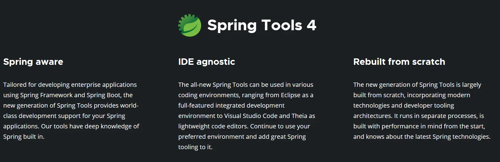 Spring Tools 4 공식 다운로드 사이트 내 설명