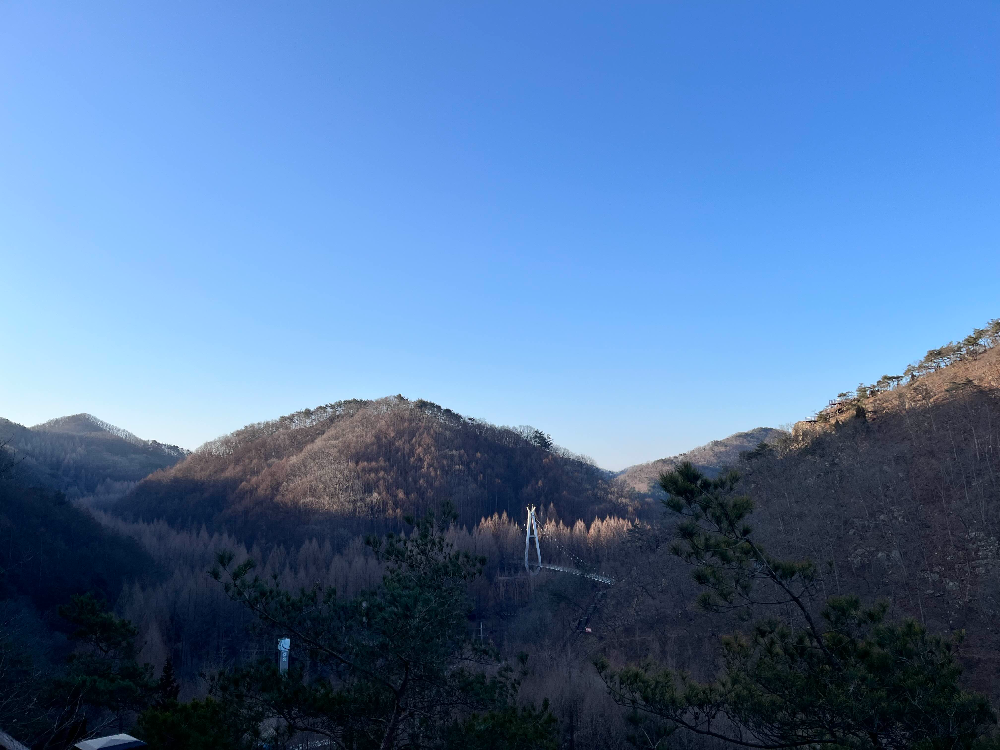 하늘과 산등성이 멀리 보이는 장태산 출렁다리