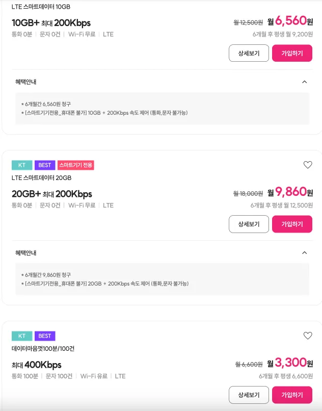 KT 알뜰폰 요금제 추천