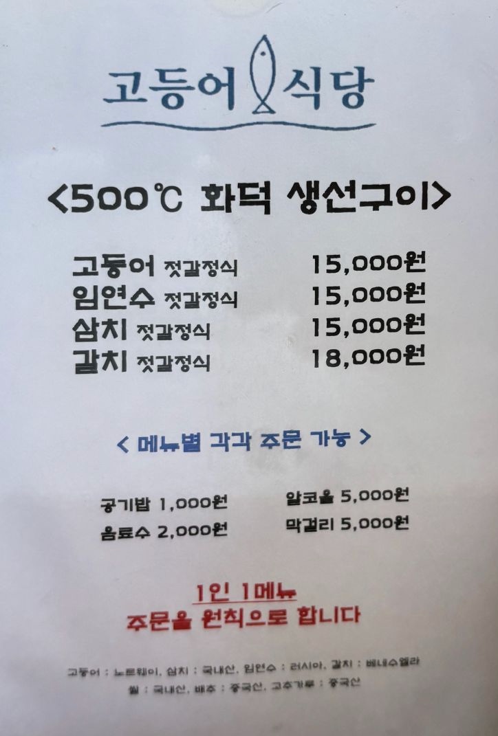 고등어식당 가격, 원산지