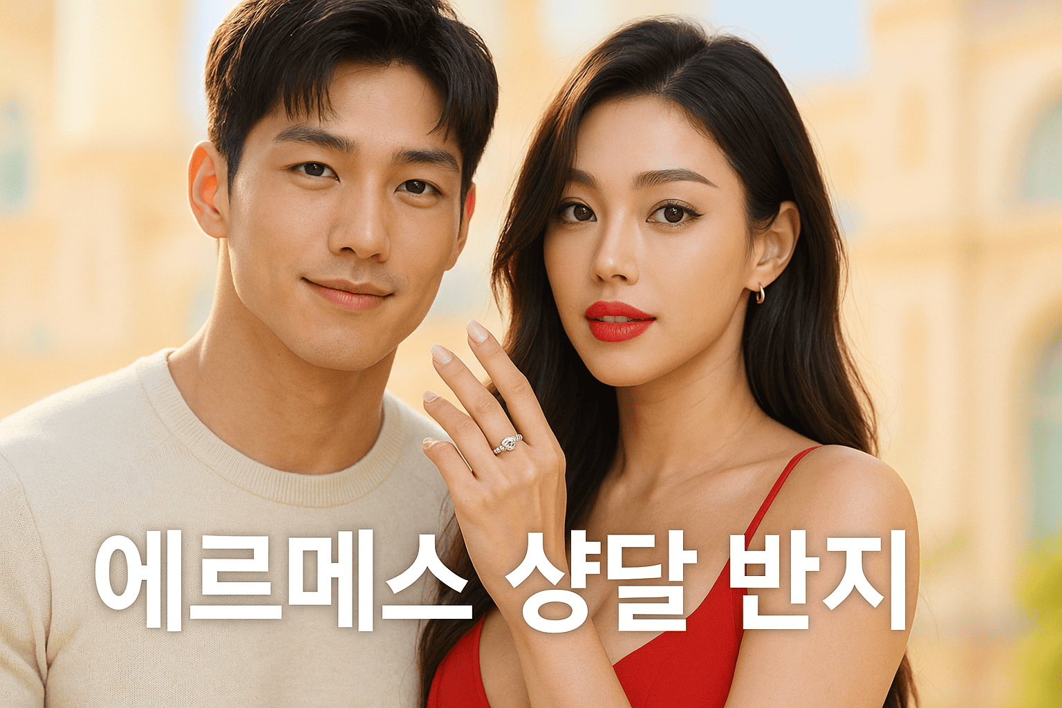 밝고-추상화된-건물-배경-앞에서-포즈를-취하는-잘생긴-근육질의-한국인-남성과-예쁘고-섹시한-한국인-여성이-함께-서-있음-여성은-빨간-민소매-드레스를-입고-은색-에르메스-샹달-반지를-낀-왼손을-강조하며-카메라를-응시함-남성은-연베이지색-니트를-입고-따뜻한-눈빛으로-미소-지음-두-사람의-피부는-뽀얗고-조명은-화사하게-연출됨