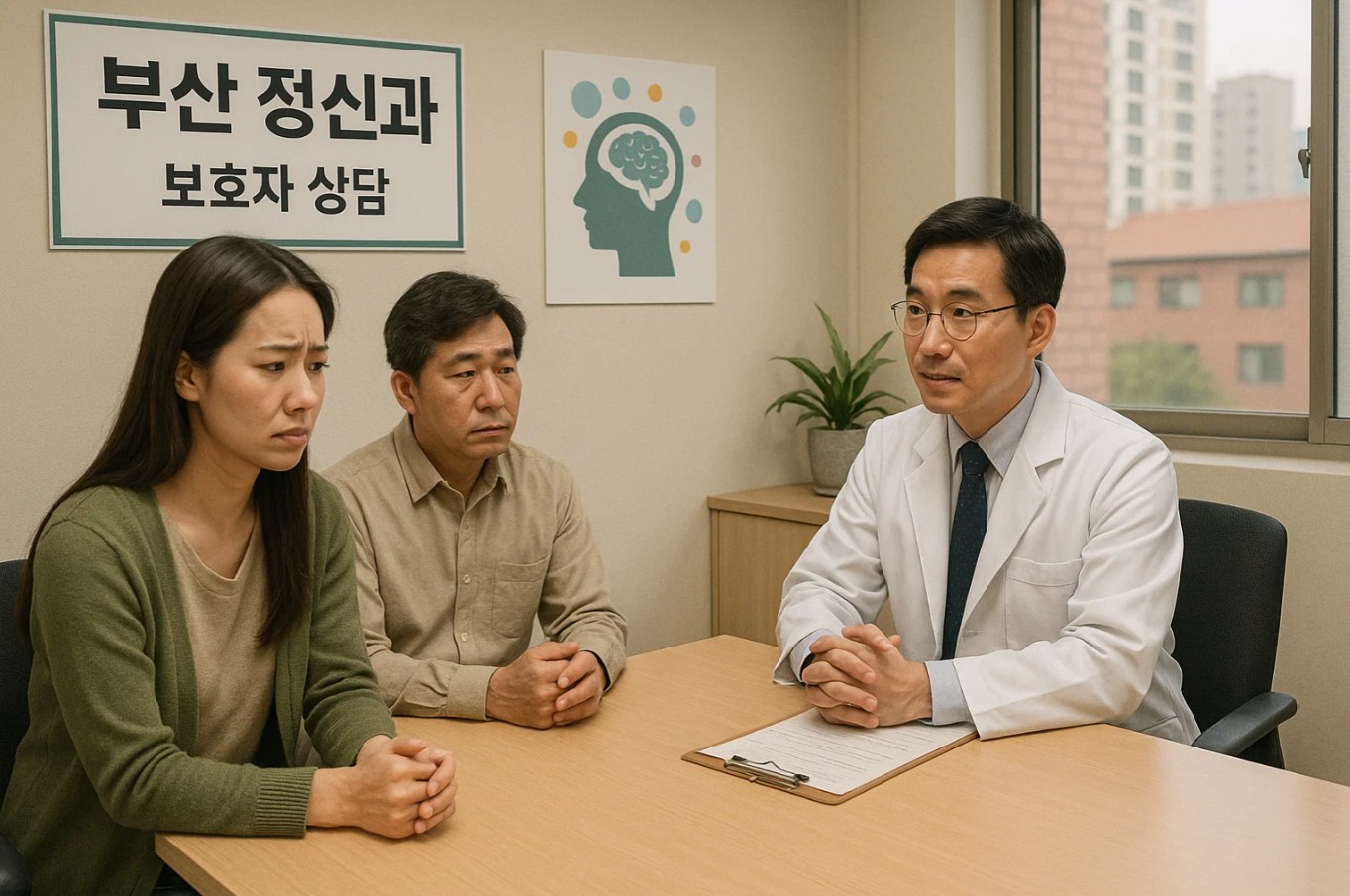 부산정신과 보호자 상담 장면 – 환자의 상태와 치료 계획을 함께 논의하는 모습
