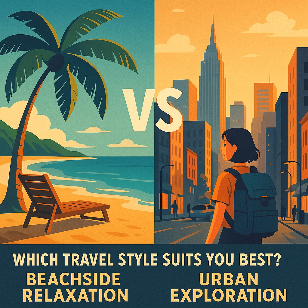 A visual comparison of relaxing beach travel and vibrant city travel