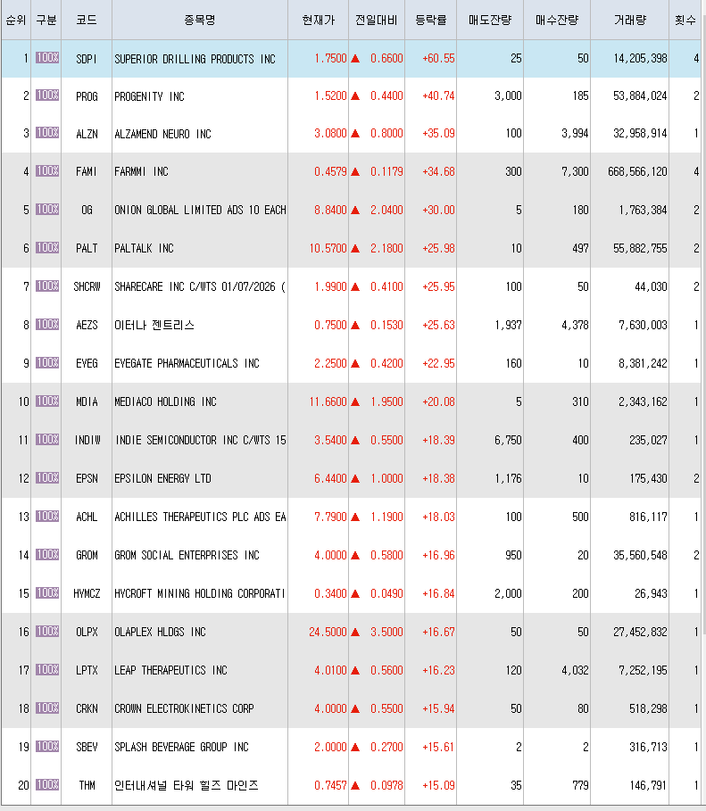  9월30일 미국주식 상승률 상위 종목 TOP 300
