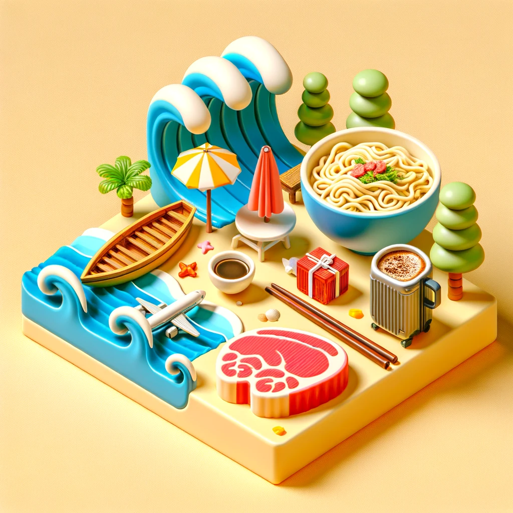 해운대 해수욕장, 밀면, 곰탕, 라멘, 소고기, 해산물을 상징적으로 표현한 이미지