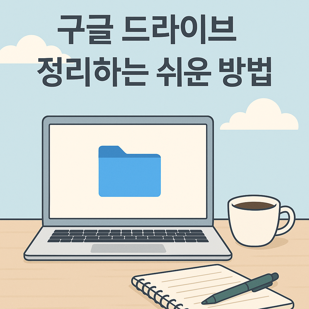 구글 드라이브 정리 방법을 주제로 한 일러스트. 노트북 화면에 파란 폴더 아이콘이 표시되어 있고, 책상 위에는 커피와 노트북, 필기도구가 놓여 있다. 부드러운 구름이 떠 있는 하늘 아래 따뜻하고 정돈된 분위기.