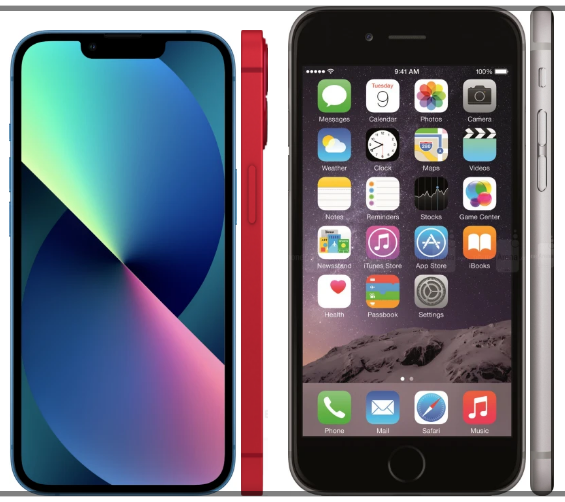 아이폰13미니와-아이폰6의-전면-측면-사이즈비교가-가능하도록-나란히-놓여있는-이미지