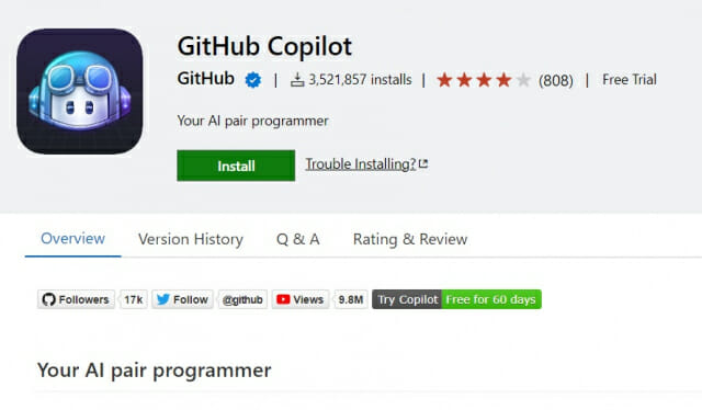 비주얼 스튜디오 마켓플레이스에 추가된 깃허브 코파일럿(이미지=마이크로소프트)