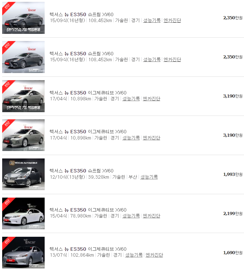 렉서스 뉴 ES350 중고차 시세