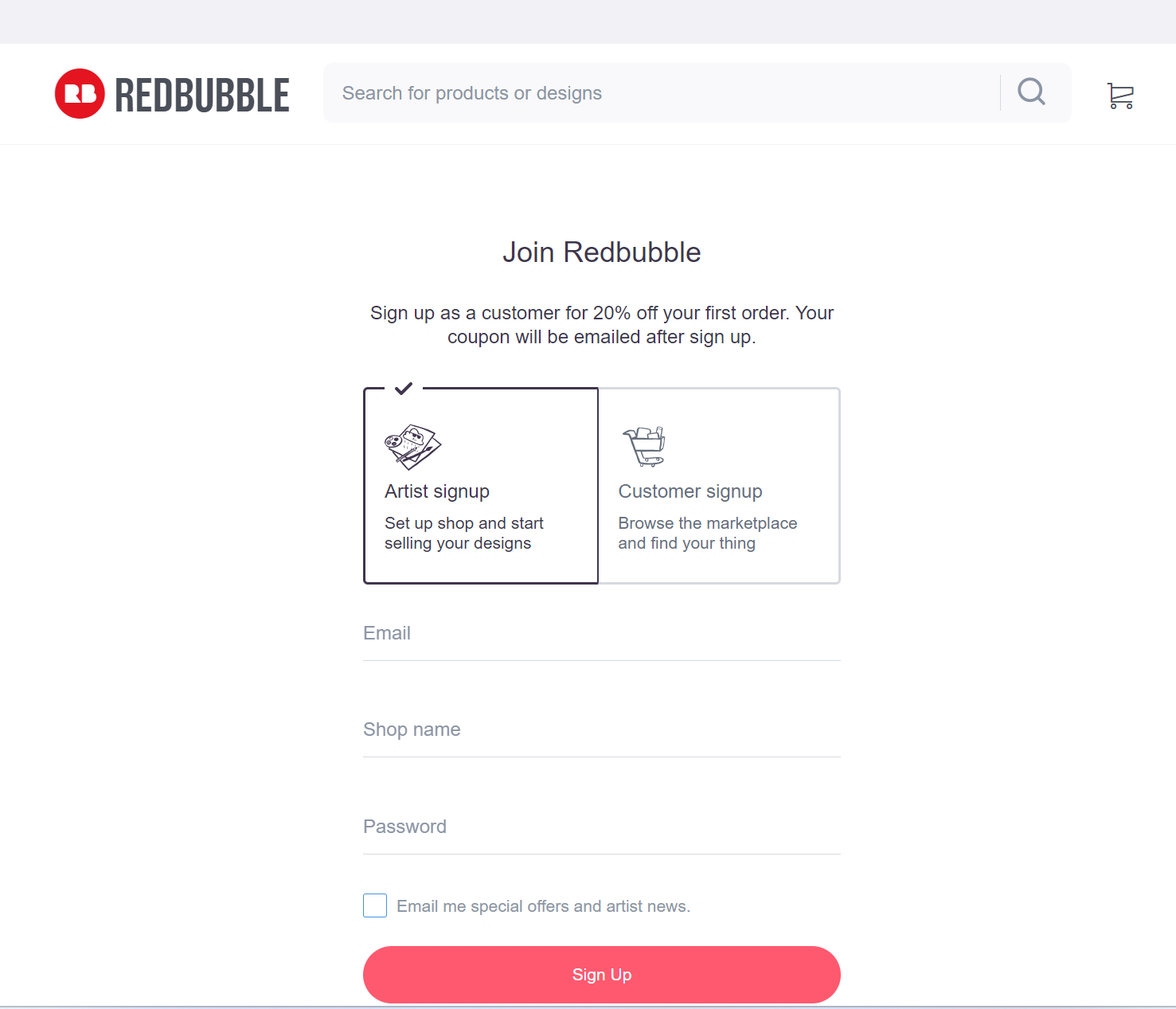 Redbubble Signup 화면