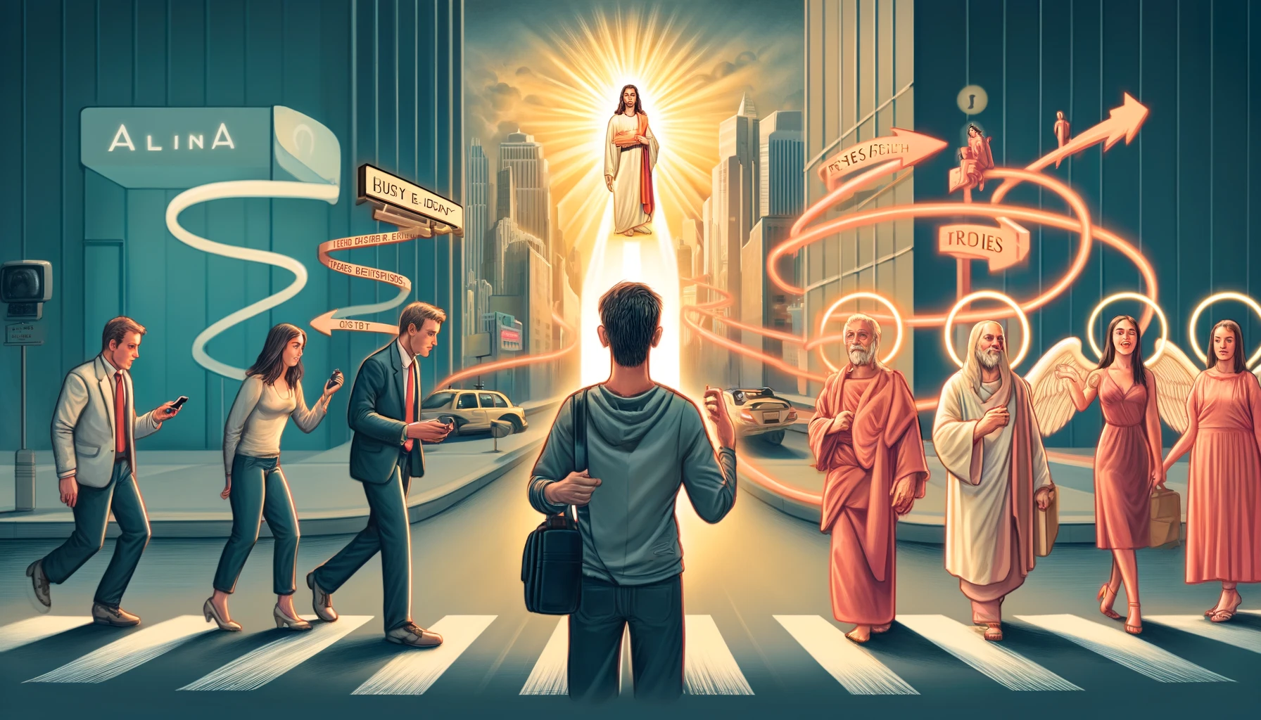 Here is the illustration depicting a modern person turning away from worldly distractions and temptations to follow the serene and fulfilling path of faith in the Lord. The image contrasts the chaotic allurements with the peace found in a life of devotion.