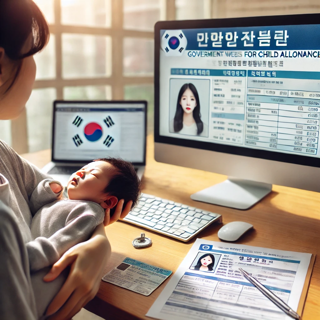 아기를 안고 온라인으로 아동수당 신청 중인 어머니