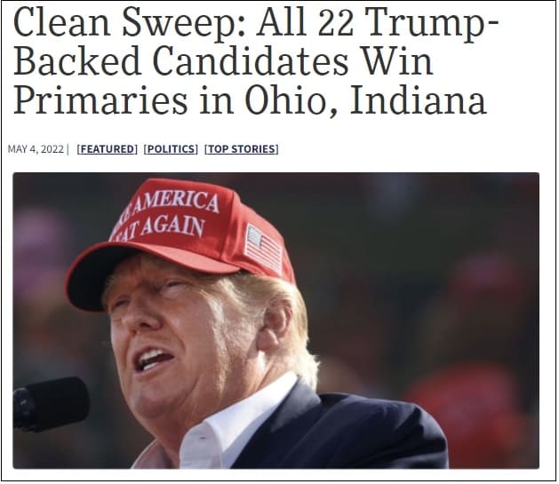 트럼프가 지지한 후보들 예비선거에서 22-0 ...민주당 전멸 VIDEO:Clean Sweep: All 22 Trump-Backed Candidates Win Primaries in Ohio&#44; Indiana