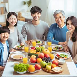 가족들이 식탁에 모여 앉아 있고 식탁 위에는 여러 채소와 과일들이 가득하다.