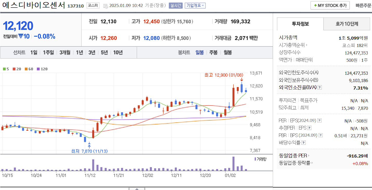 코로나 진단키트 관련주 대장주 에스디바이오센서 일봉 차트