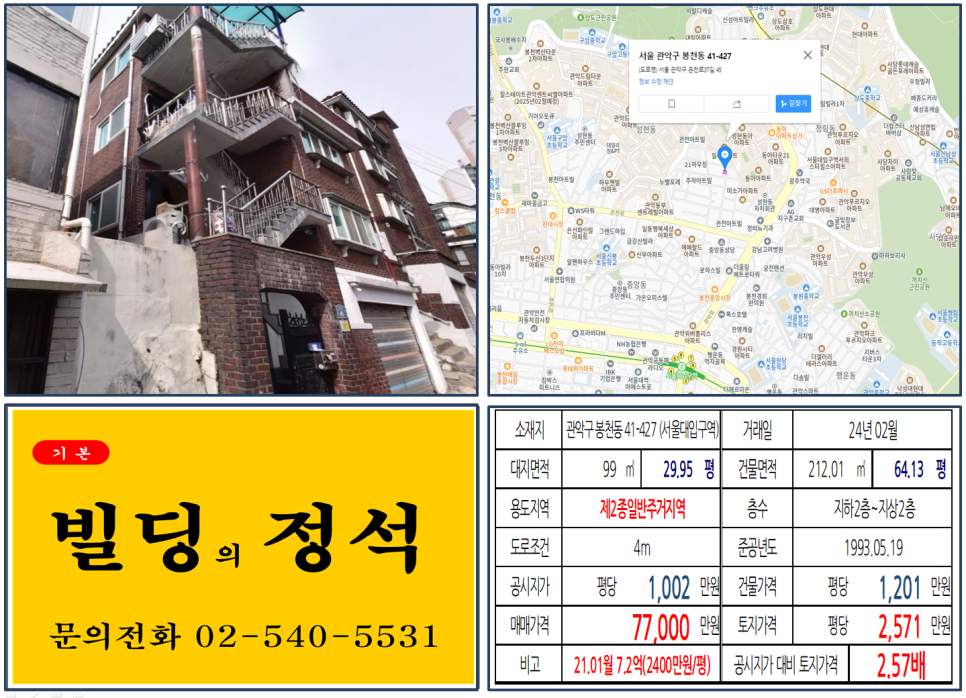 관악구 봉천동 41-427번지 건물이 2024년 02월 매매 되었습니다.