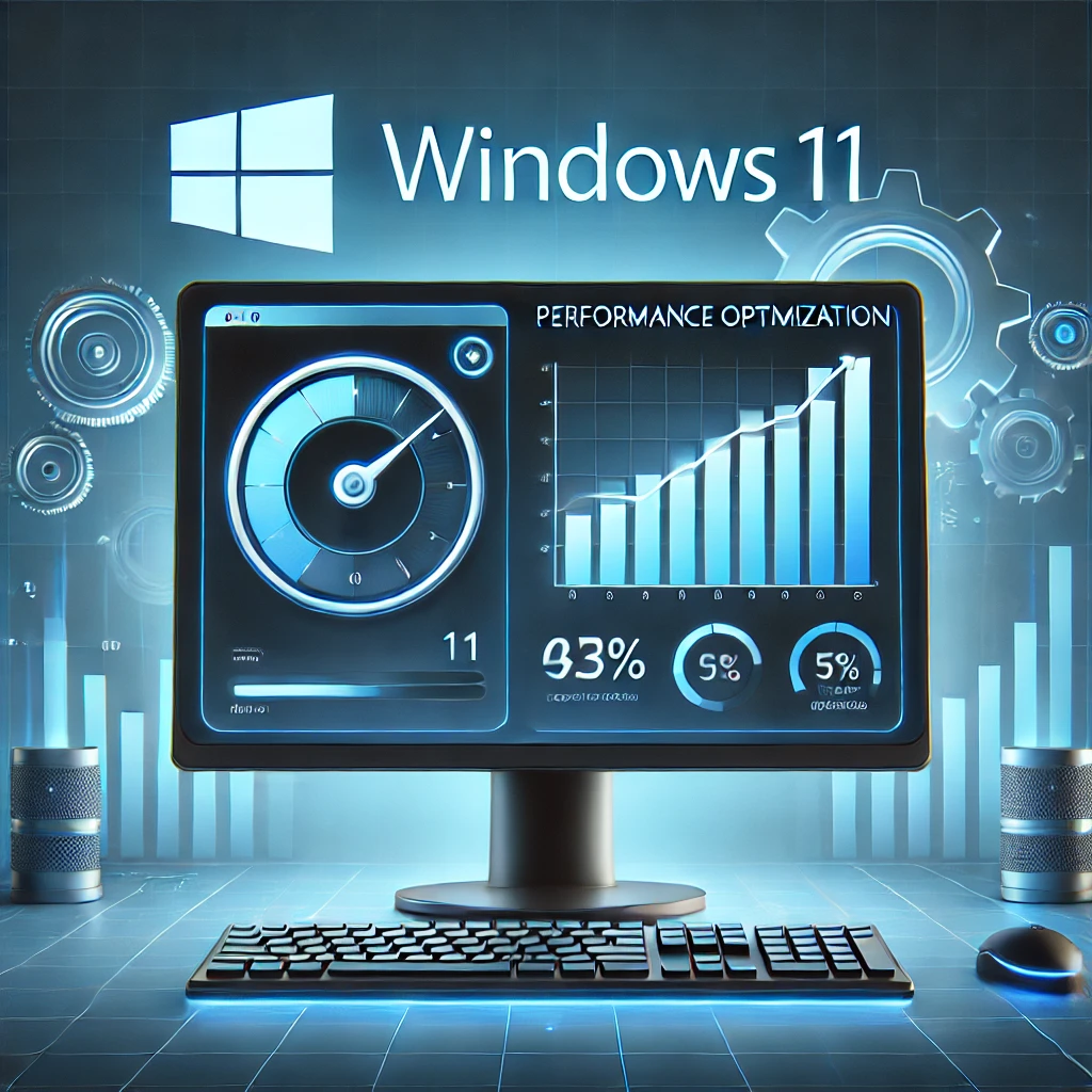 Windows 11 성능 최적화와 시스템 향상을 나타내는 일러스트, 상승하는 그래프와 기어 배경