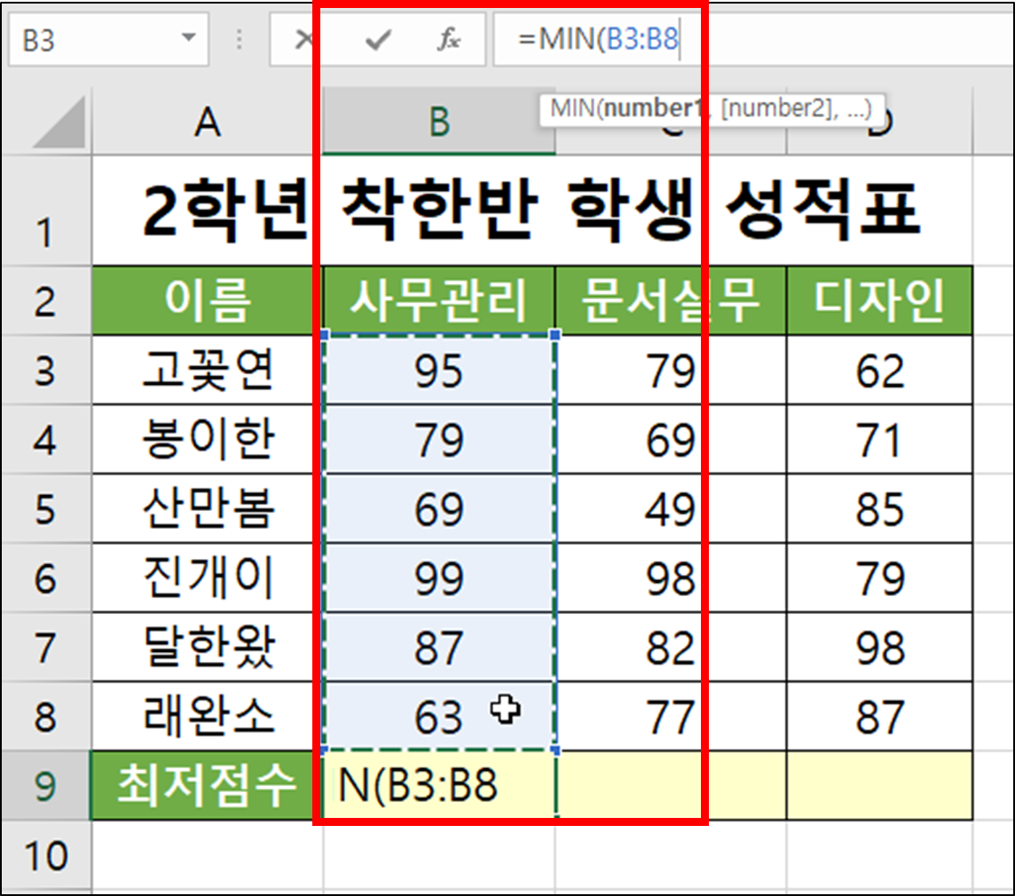 엑셀 함수 - MIN(최소값 구하기)-5