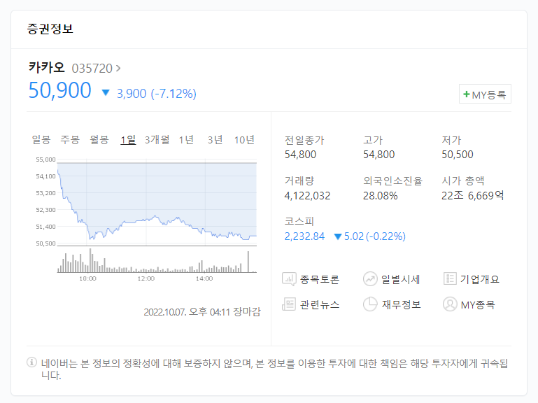  [카카오 주식 네이버 주식 손절?] 카카오 주가 시세, 물적분할이슈 하락세!