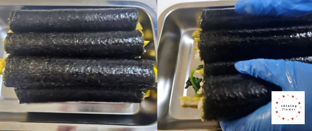 왼쪽은 김밥 완성, 오른쪽은 김밥 표면에 참기름 바르기