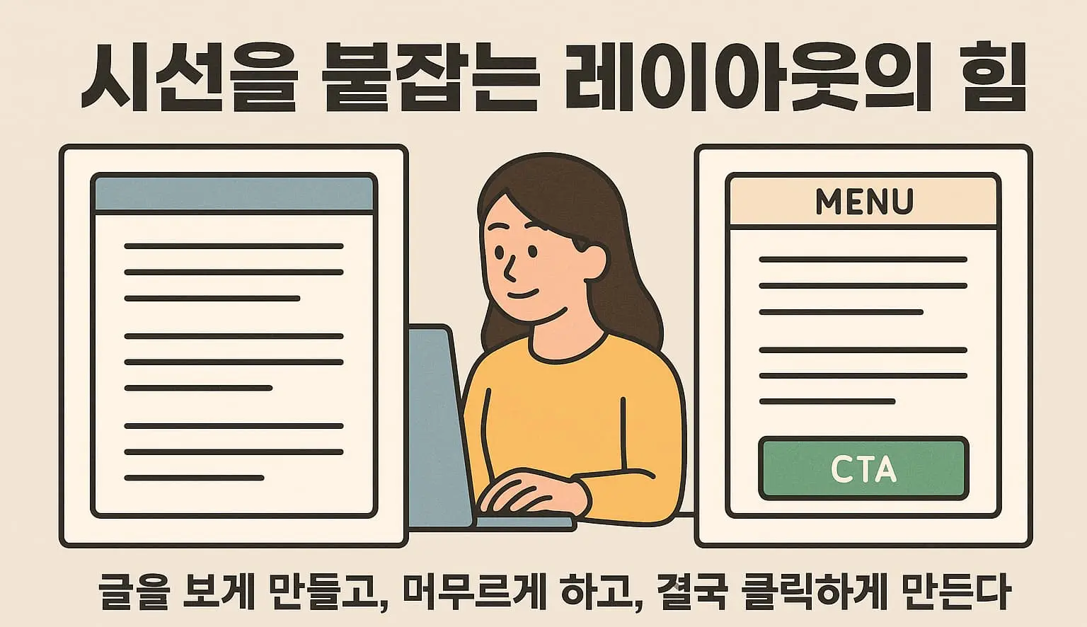 시선을 끌고 클릭을 유도하는 블로그 레이아웃 예시, CTA 버튼과 메뉴 구성 강조
