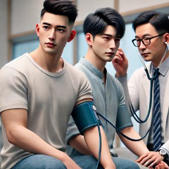 건강검진을 받고 있는 한국인 남성과 일본인 남성