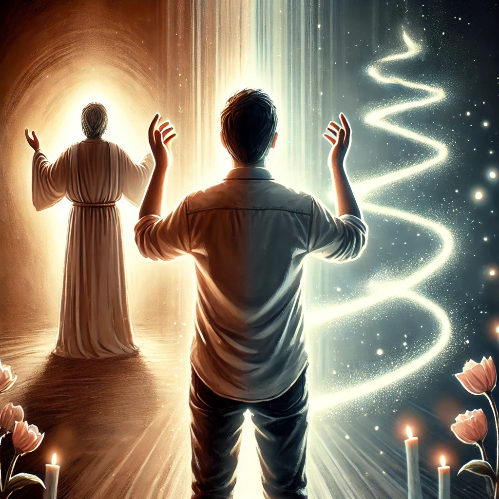 Here is the image depicting a person in prayer&amp;#44; with their hands raised in worship&amp;#44; symbolizing a journey of repentance&amp;#44; gratitude&amp;#44; and a sincere desire to worship God with a whole heart. The scene conveys a spiritual transition from darkness to light&amp;#44; embracing God&amp;#39;s grace and past miracles.