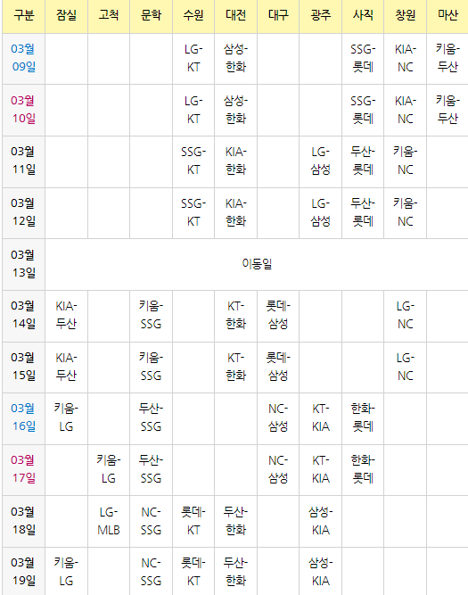 KBO 프로 야구 전체 일정