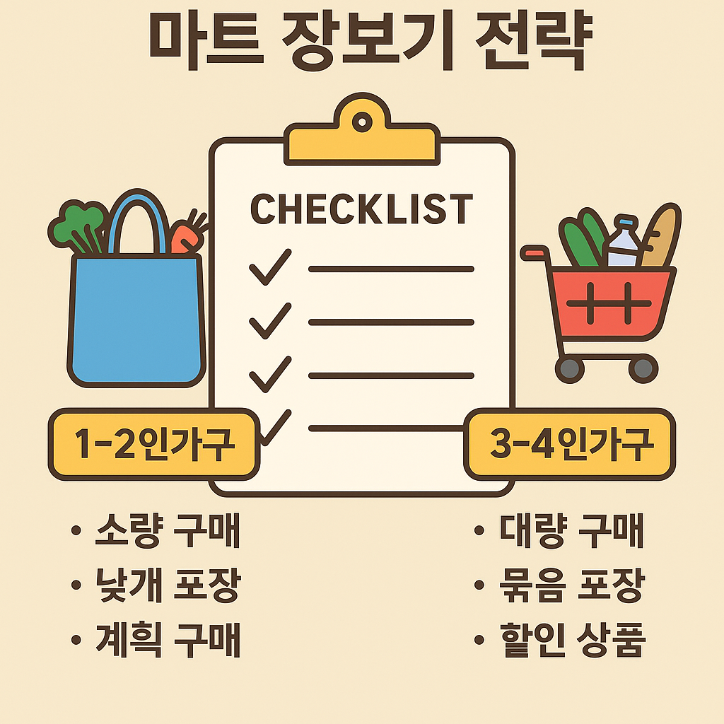 1~4인 가구별 마트 장보기 절약 전략을 소개하는 한국어 인포그래픽