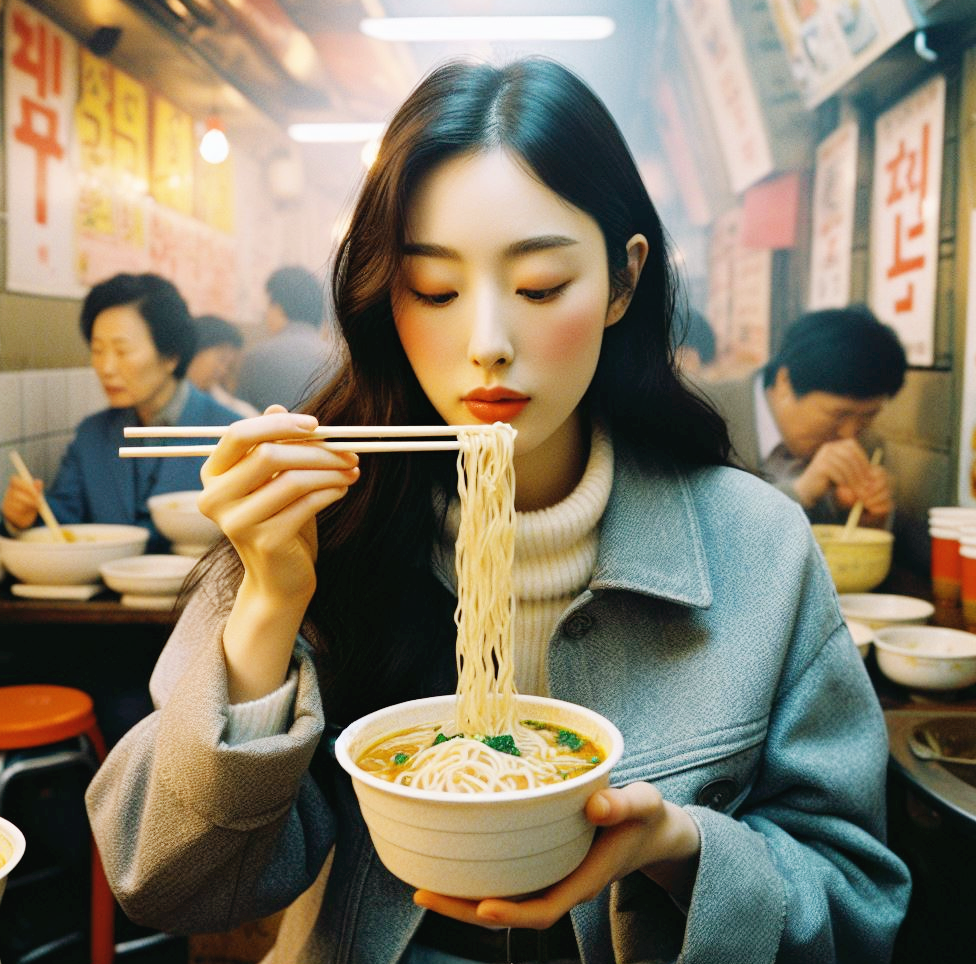1980년대 한국의 클래식한 식당에서 칼국수를 먹고 있는 여성의 모습. 뜨거운 국수를 들어 식히고 있는 모습