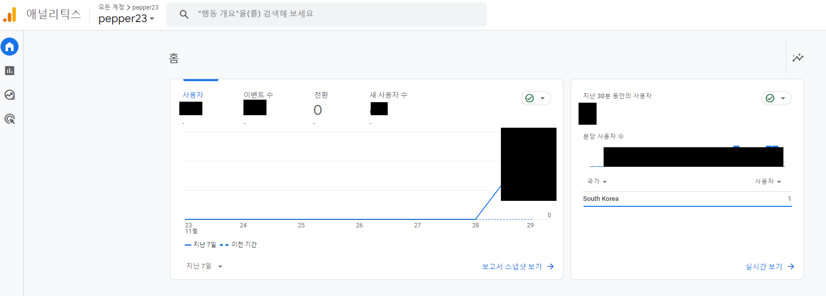 GA 홈 대시보드 실시간 사용자 확인