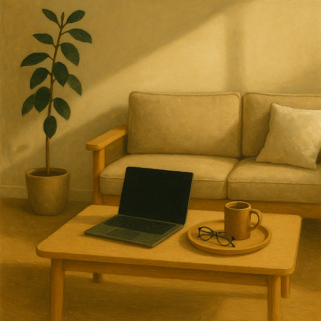 <img src="A_traditional_oil_painting_depicts_a_cozy_living_r.png" alt="AI가 생성한 삽화 - 미니멀한 거실 테이블 위 노트북과 커피잔, 안경, 따사로운 햇살 아래 편안한 공간">