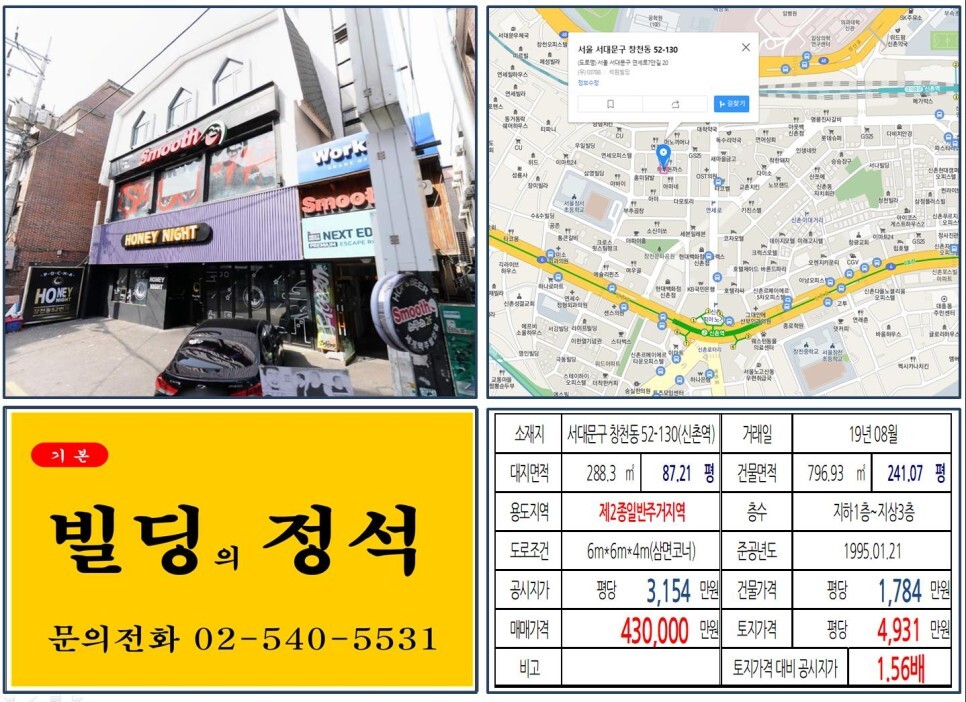  [서대문구 신촌 먹자상권 40억 꼬마빌딩 실거래가 조회] 창천동 52-130(신촌역) 43억 원, 평당 4,931만 원 매매되었습니다. 연세로,