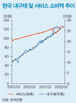 한국 내구재 및 서비스 소비액 추이 (출처 : LG경영연구원)