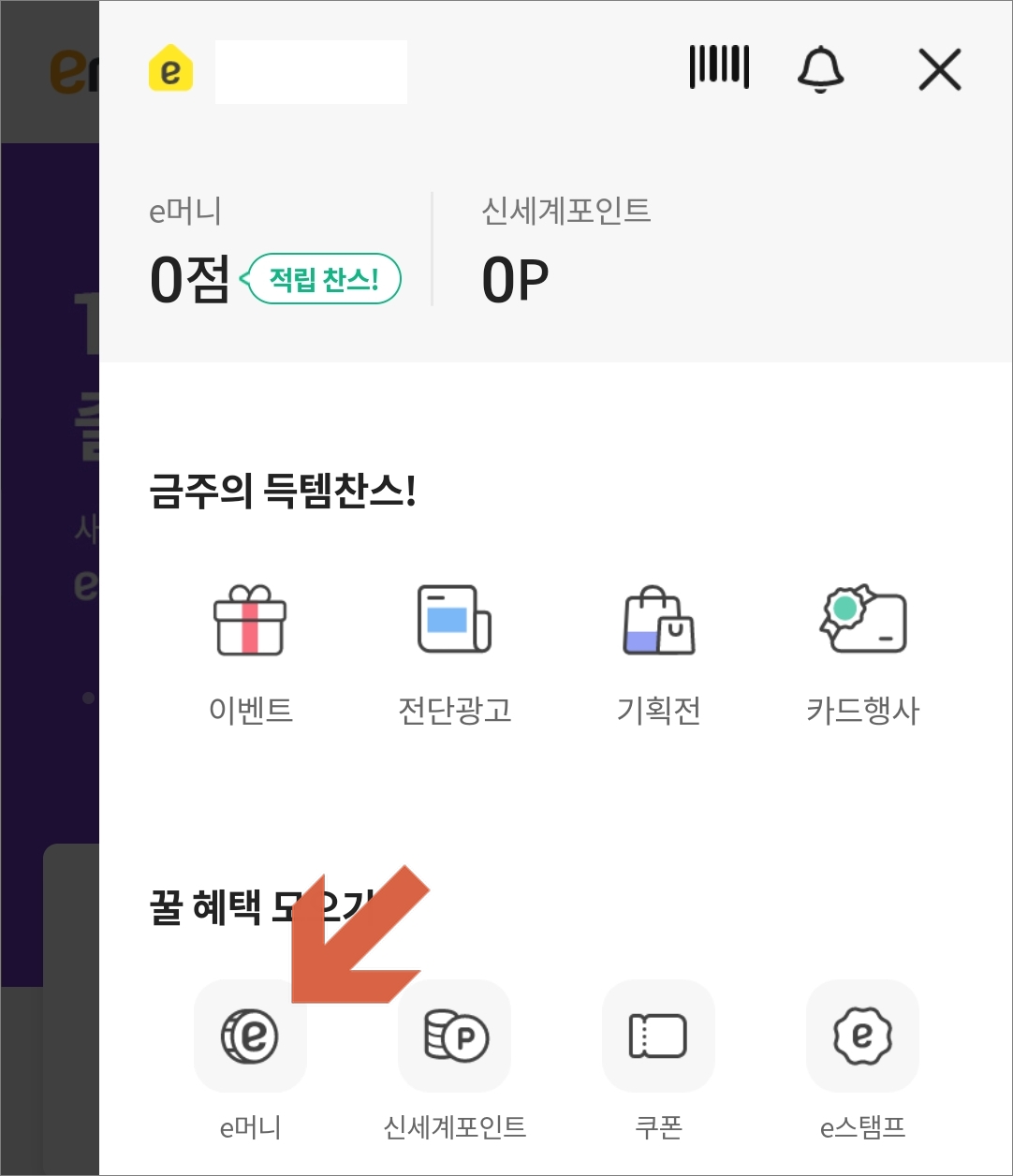 전체메뉴에서 e머니 메뉴 선택